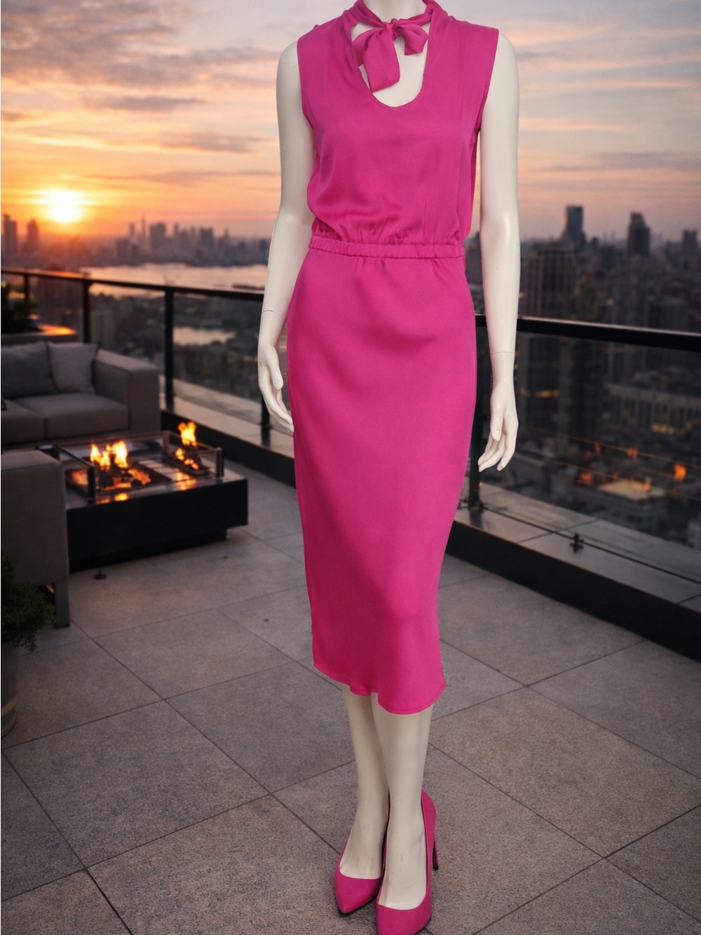 Sleeveless Tie-Neck Midi Dress in Hot Pink